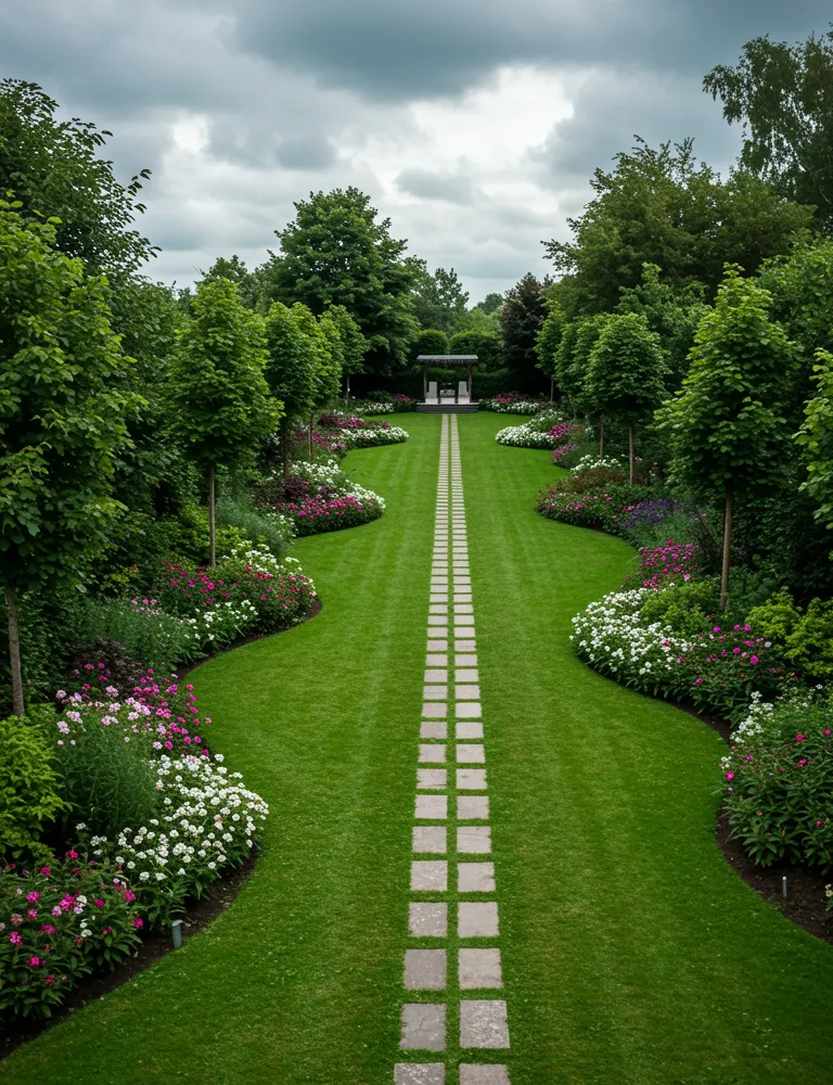 imagen17 "Vista aérea escénica de un jardín integrado con parterres de flores, césped cuidado, senderos de piedra y líneas de riego en un diseño armonioso y vibrante."