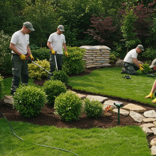 imagen26 1 "Ilustración fotorealista de un equipo de jardineros profesionales con más de 30 años de experiencia trabajando en un jardín diseñado a medida, destacando la precisión en el cuidado de plantas y paisajismo."