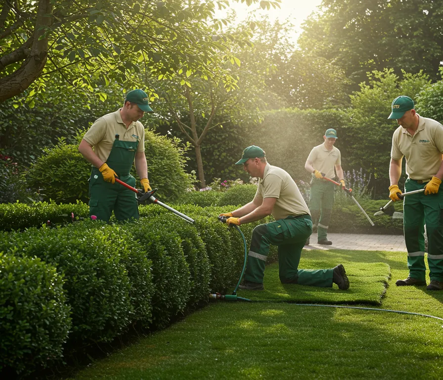 imagen26 3 Equipo de jardineros profesionales trabajando en un hermoso espacio exterior, destacando su experiencia y colaboración en el diseño y mantenimiento de jardines.